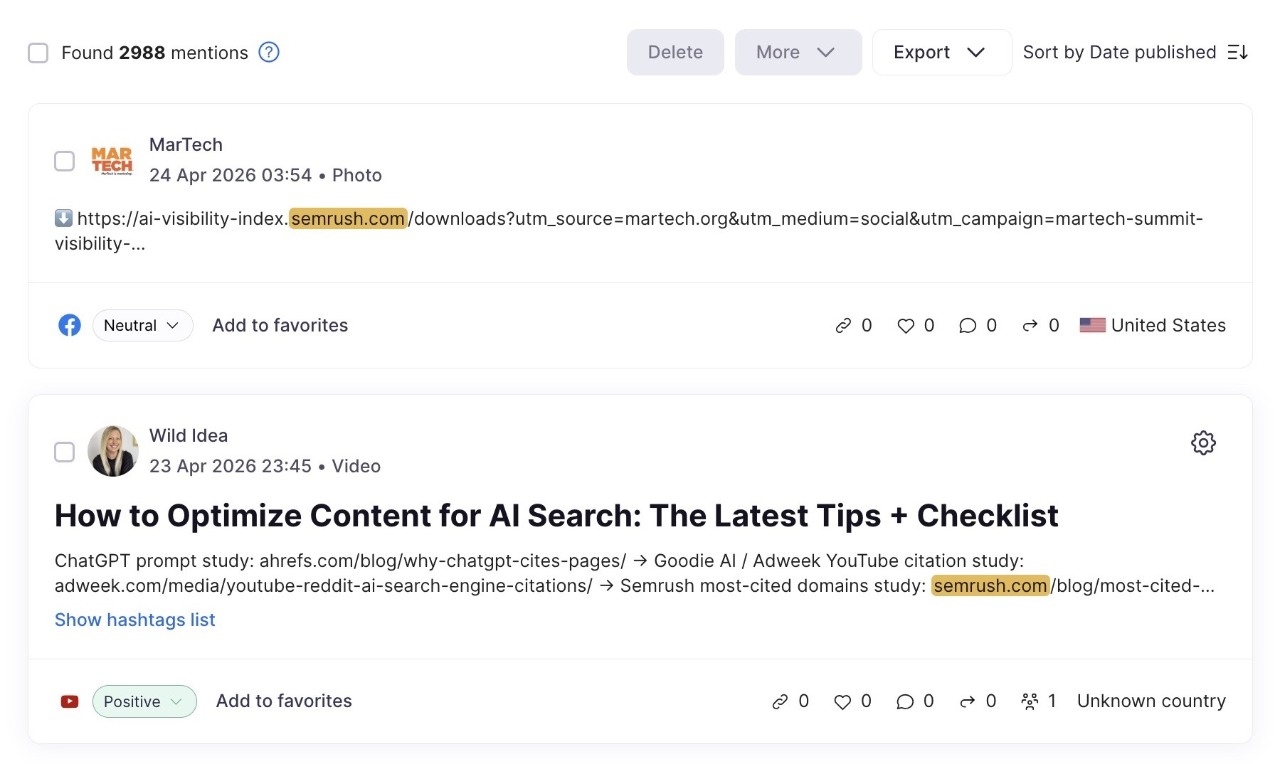 Brand Monitoring tool showing a list of brand mentions for "sr02.sbmm.com.pk" across platforms.