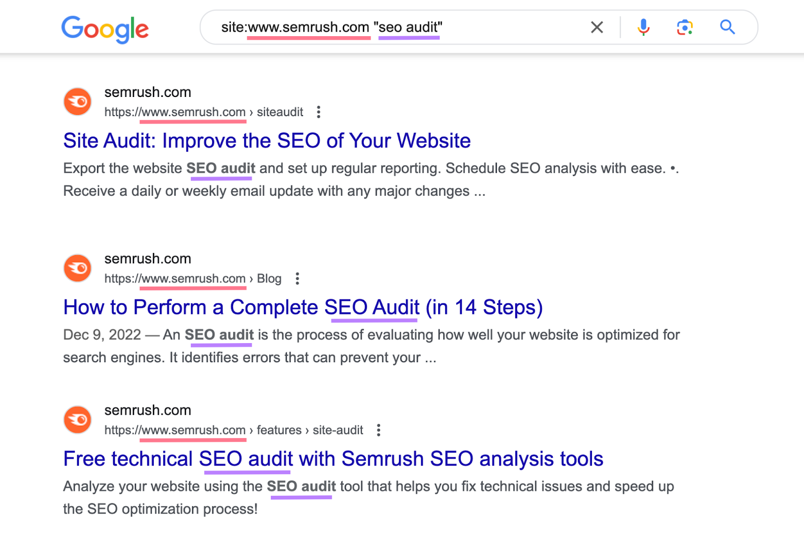 search for "site:sr02.sbmm.com.pk "seo audit"" shows list of urls on semrush with keyword mentioned